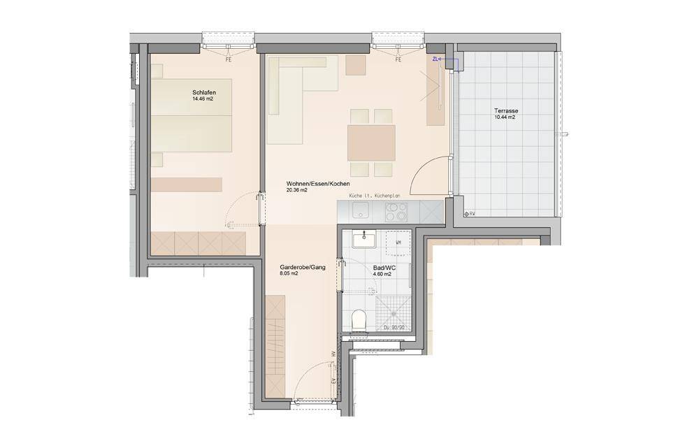 Grundriss einer Wohnung mit offenem Wohn-, Ess- und Kochbereich, einem Schlafzimmer, Bad und einer großzügigen Terrasse.