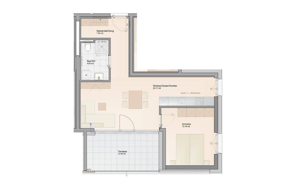 Grundriss einer Wohnung mit offenem Wohn-/Ess-/Kochbereich, einem Schlafzimmer, Bad und einer Terrasse.
