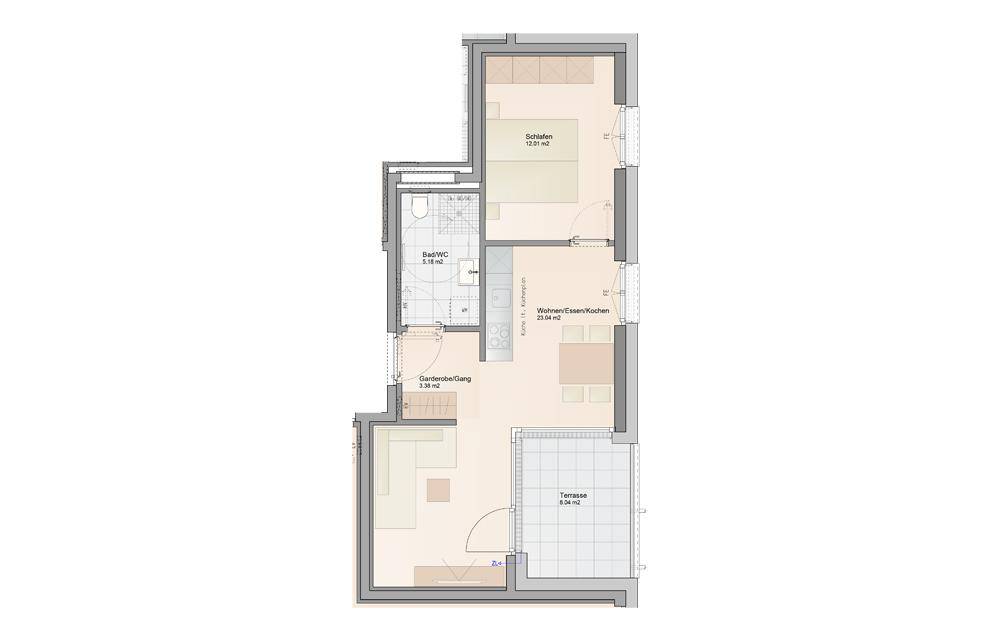 Grundriss einer Erdgeschosswohnung mit offenem Wohnbereich, einem Schlafzimmer, Bad und großer Terrasse.