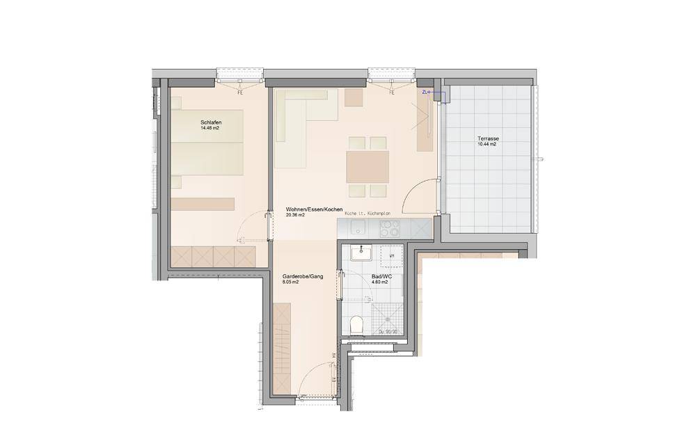 Wohnungsgrundriss mit offenem Wohn-, Ess- und Kochbereich, einem Schlafzimmer und einer großzügigen Terrasse.