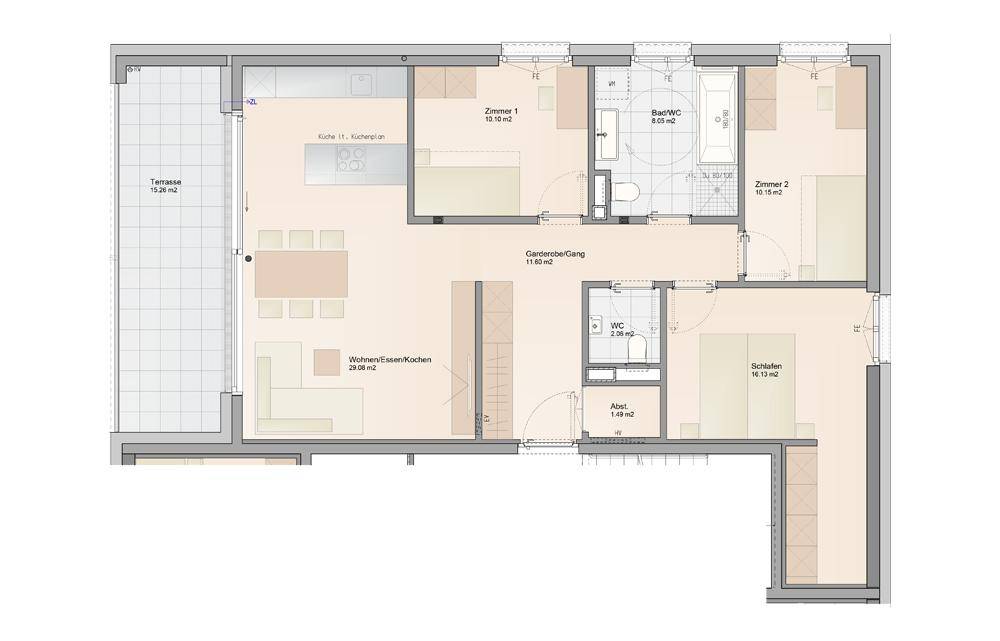 Grundriss einer Wohnung mit offener Wohnküche, drei Schlafzimmern, zwei Bädern und einer großen Terrasse.