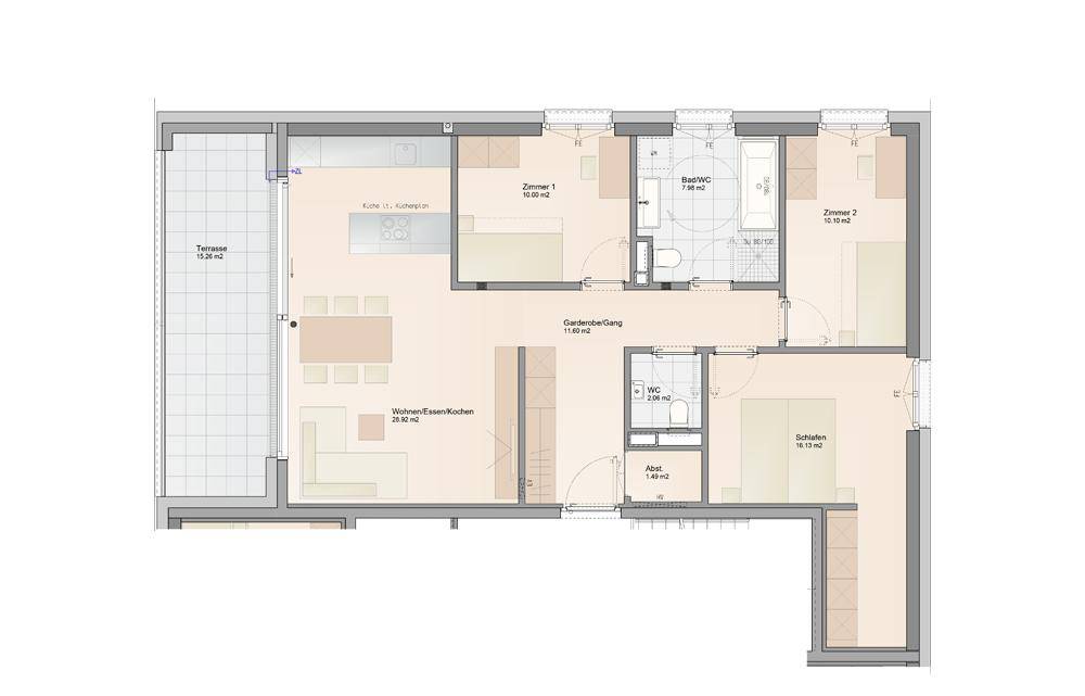 Grundriss einer Wohnung mit offener Wohnküche, drei Schlafzimmern, zwei Bädern und einer großen Terrasse.