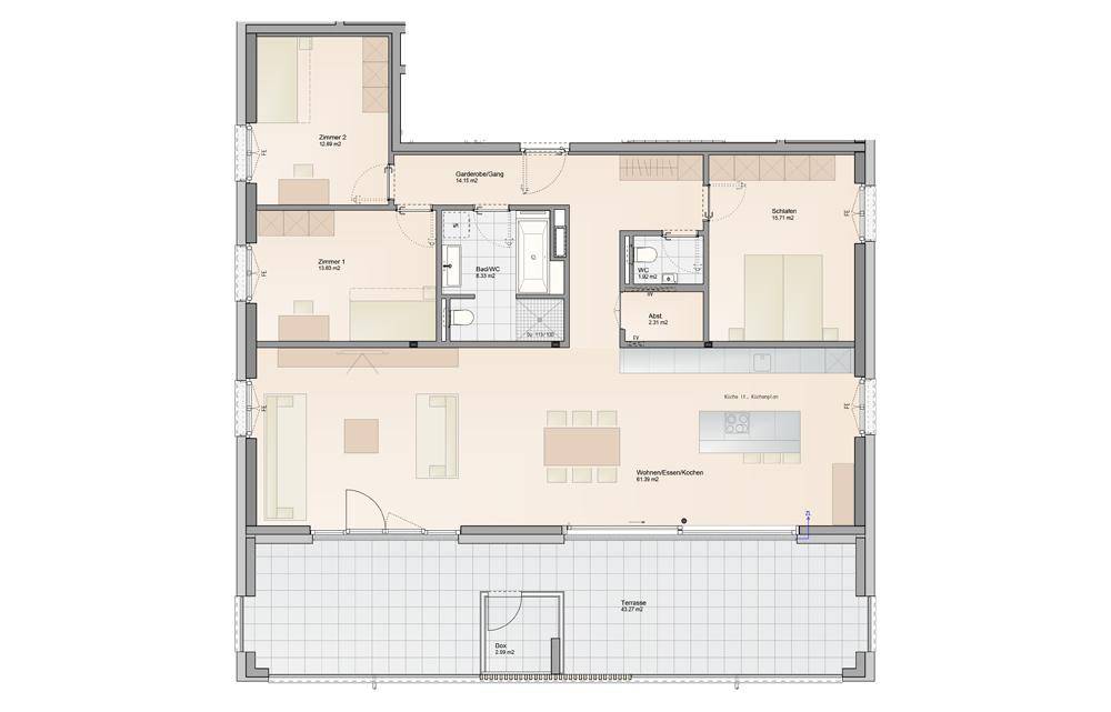 Grundriss einer Wohnung mit offenem Wohn-Ess-Kochbereich, drei Schlafzimmern, zwei Bädern und großer Terrasse.