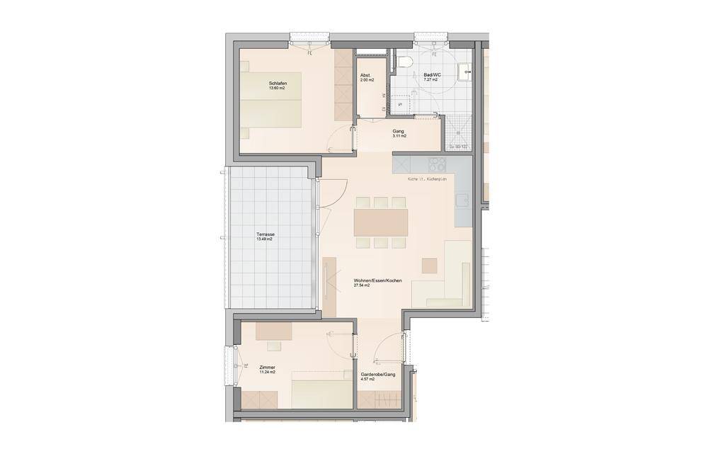Grundriss einer Wohnung mit offenem Wohn-Ess-Kochbereich, zwei Schlafzimmern, einem Bad und einer großen Terrasse.