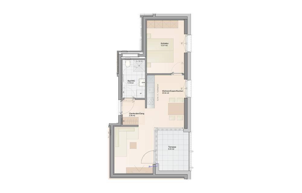Grundriss einer modernen Wohnung mit offenem Wohn-/Ess-/Kochbereich, Schlafzimmer, Bad und Terrasse.