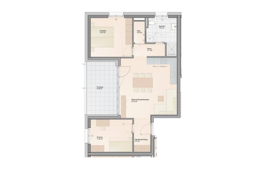 Grundriss einer Wohnung mit offenem Wohn-/Ess-/Kochbereich, zwei Schlafzimmern und einer großzügigen Terrasse.