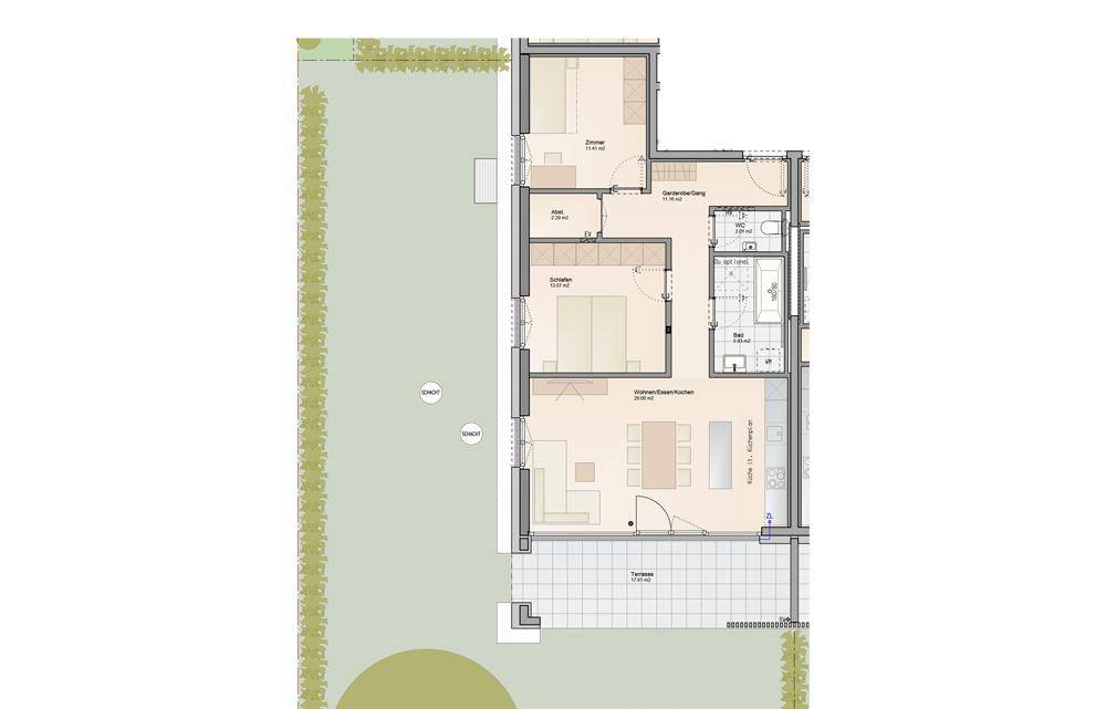 Grundriss einer Wohnung mit offenem Wohn-Ess-Kochbereich, zwei Schlafzimmern, Bad und Terrasse mit Garten.