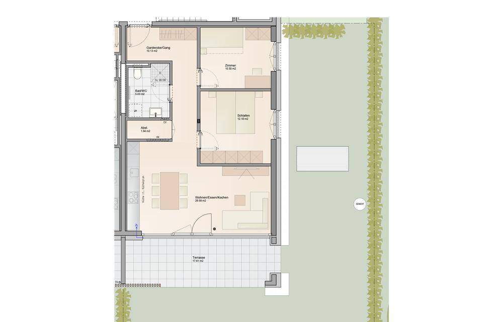 Grundriss einer Wohnung mit offenem Wohnbereich, zwei Schlafzimmern, Bad und Terrasse mit Garten.