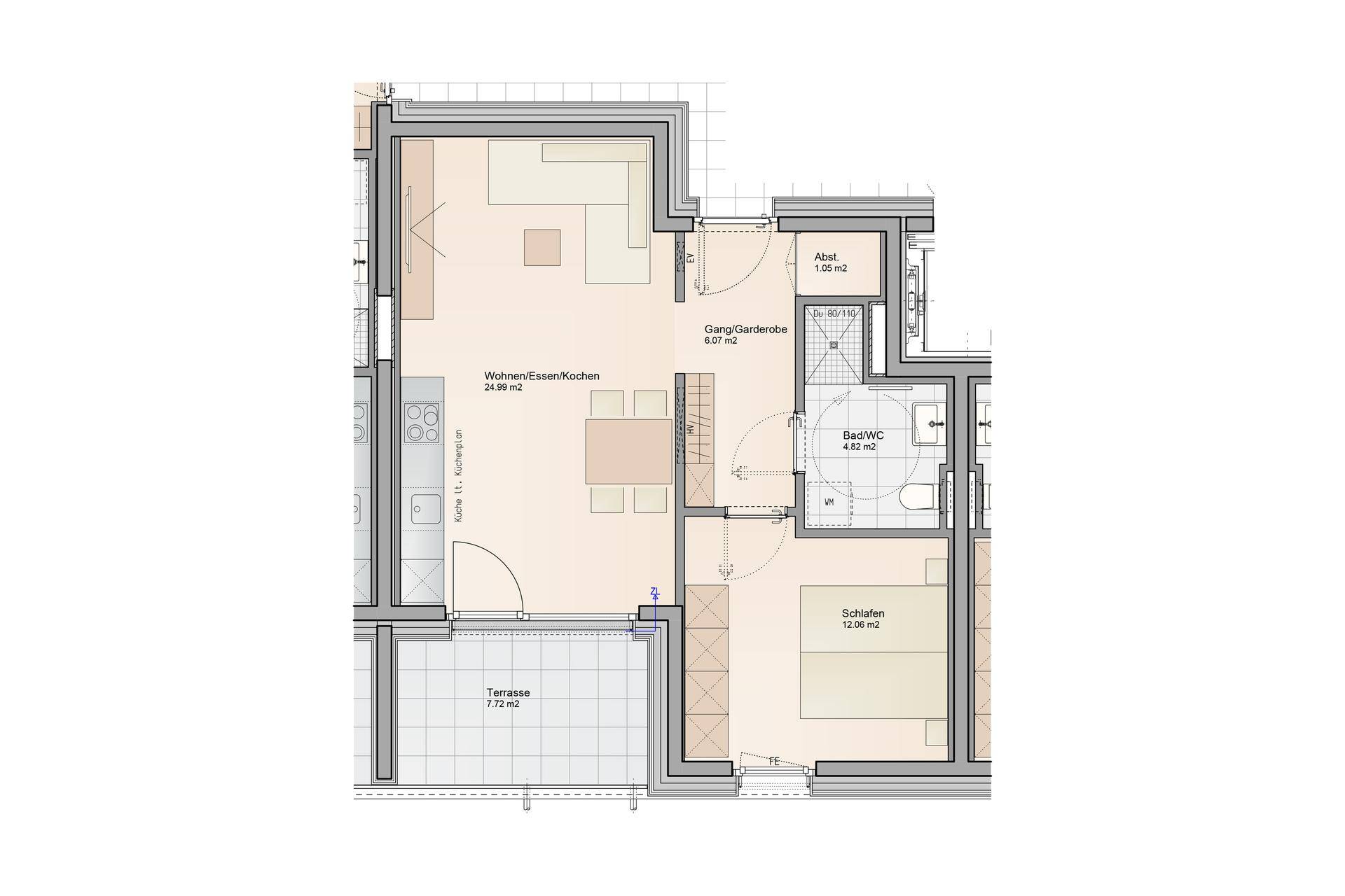 Grundriss einer Wohnung mit offenem Wohn-, Ess- und Kochbereich, einem Schlafzimmer, Bad und einer Terrasse.