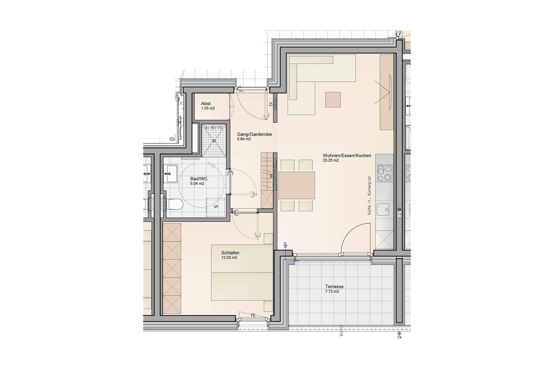 Grundriss einer Wohnung mit offenem Wohn-Ess-Kochbereich, einem Schlafzimmer, Bad und einer Terrasse.