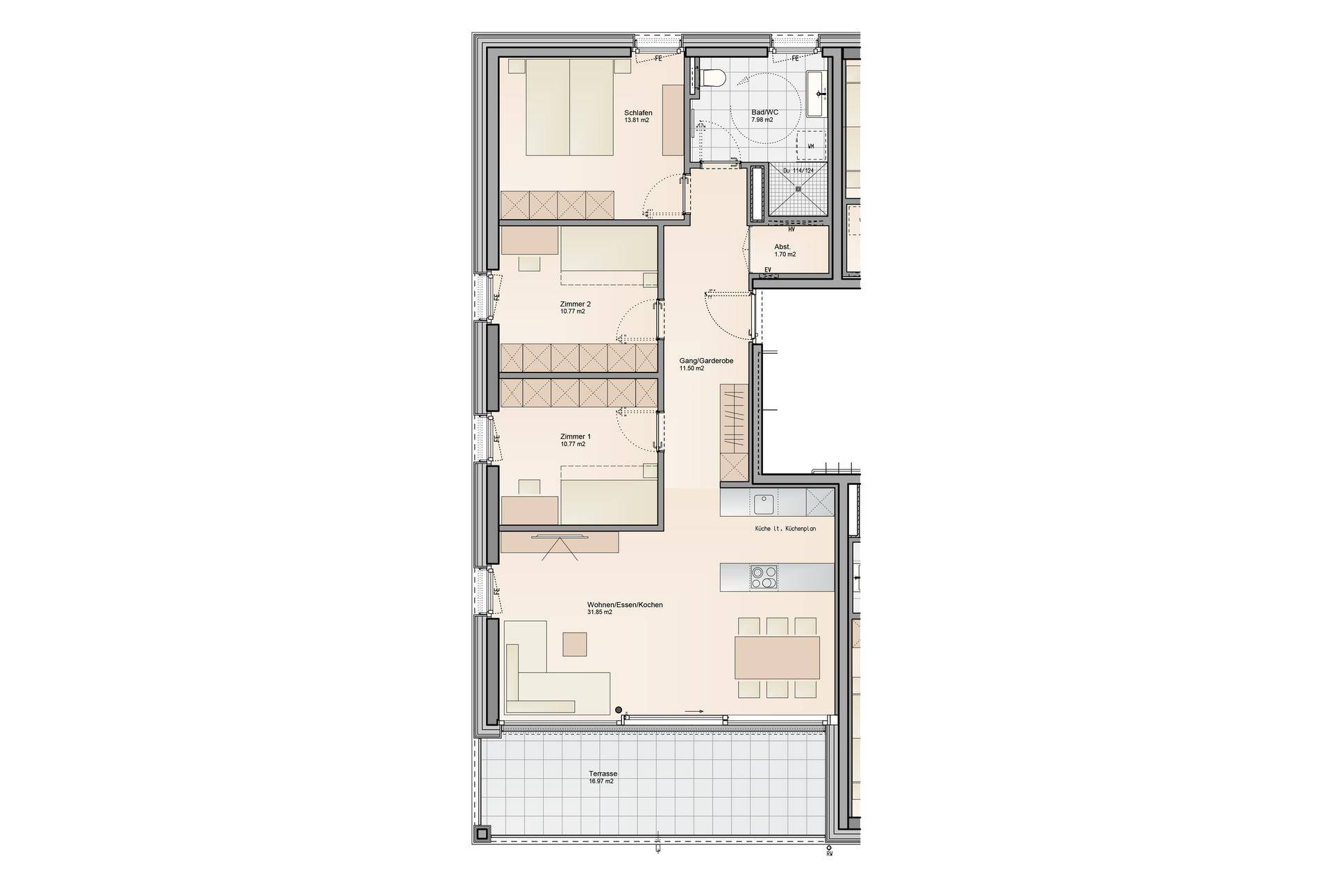 Wohnungsgrundriss mit offenem Wohn-Essbereich, drei Schlafzimmern, Bad, Gäste-WC und großer Terrasse.