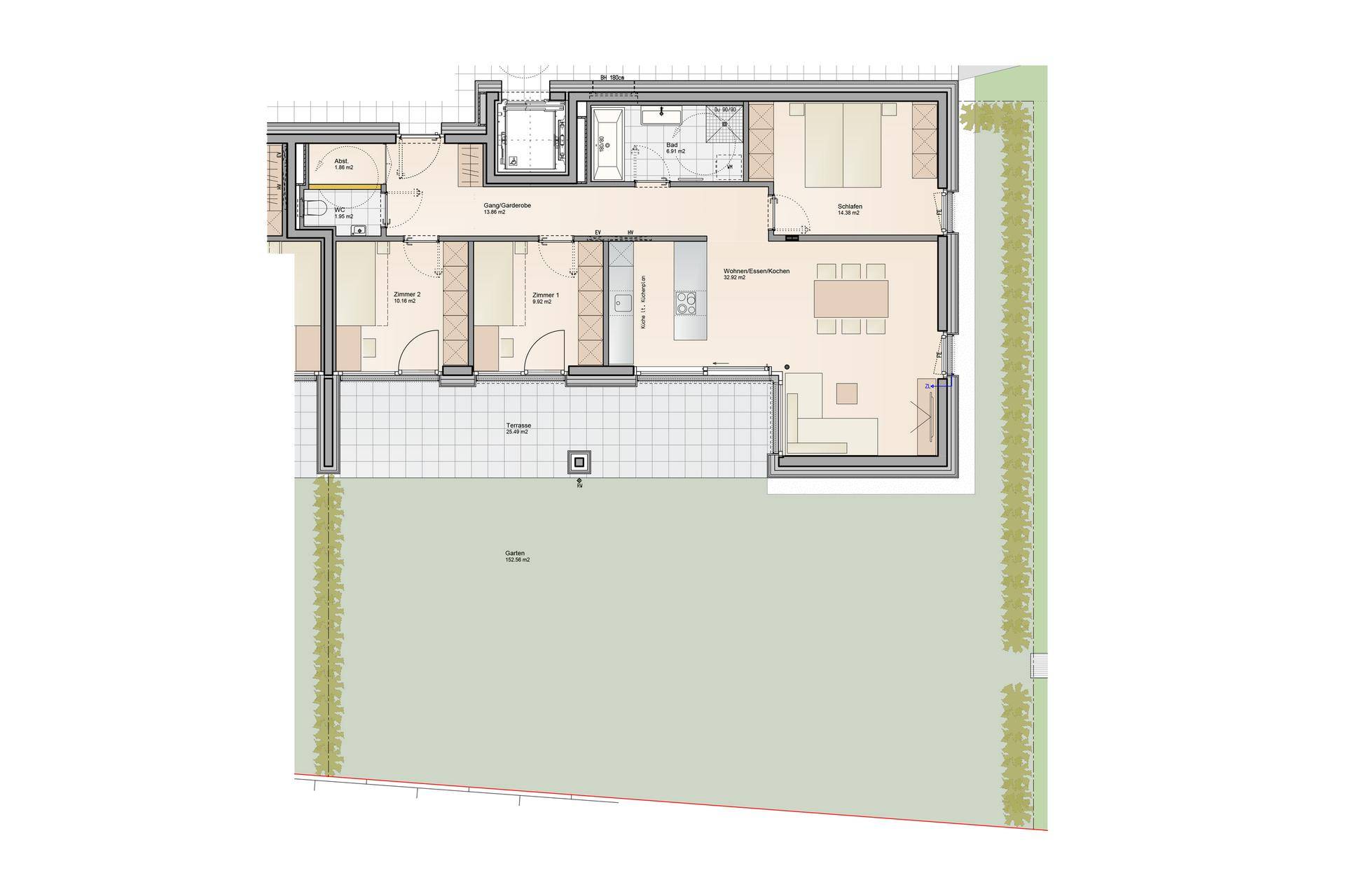 Geräumiger Grundriss mit offenem Wohn-Essbereich, großer Terrasse, Garten und drei Schlafzimmern, inklusive Aufzug.