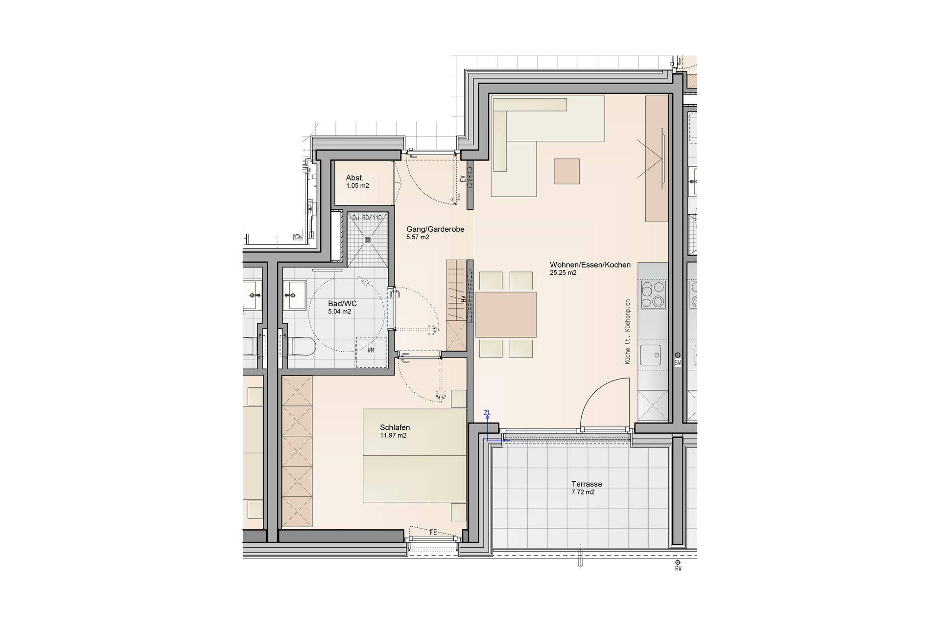 Grundriss einer Wohnung mit offenem Wohn-Ess-Kochbereich, einem Schlafzimmer, Bad und einer Terrasse.