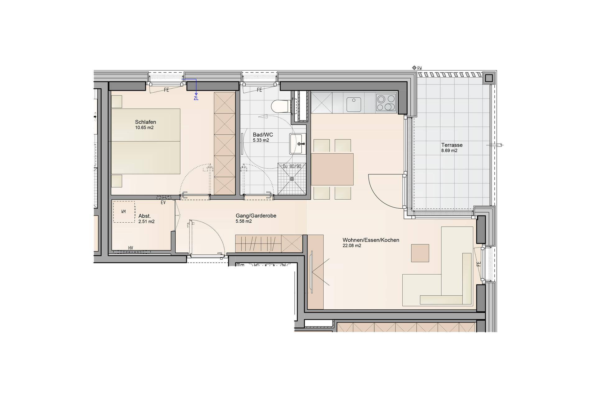 Grundriss einer modernen Wohnung mit offenem Wohn-/Ess-/Kochbereich, einem Schlafzimmer und einer großzügigen Terrasse.