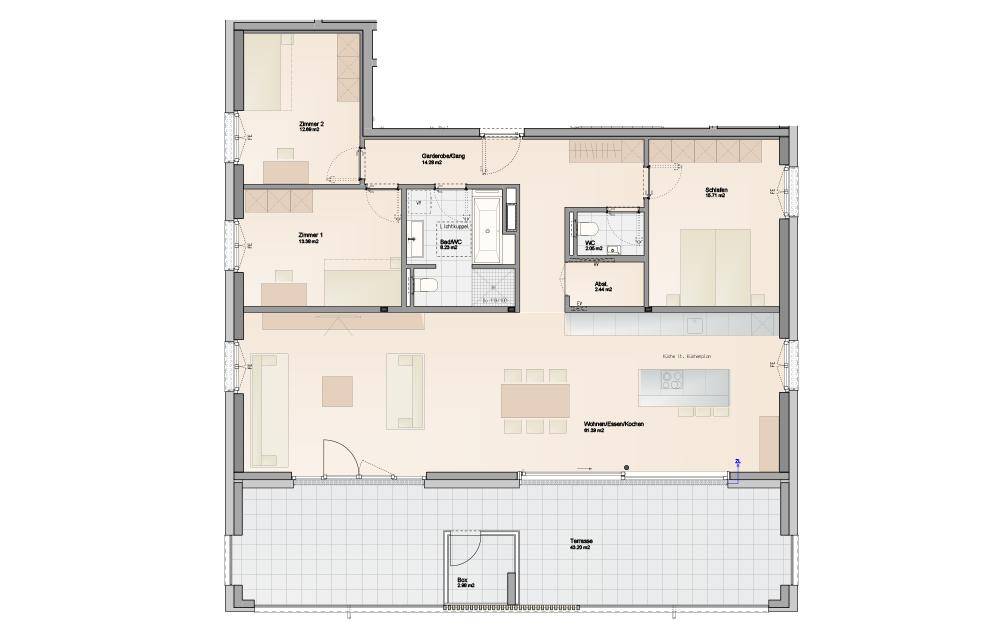 Grundrissplan einer Wohnung mit offenem Wohn-/Ess-/Kochbereich, zwei Schlafzimmern und großer Terrasse.