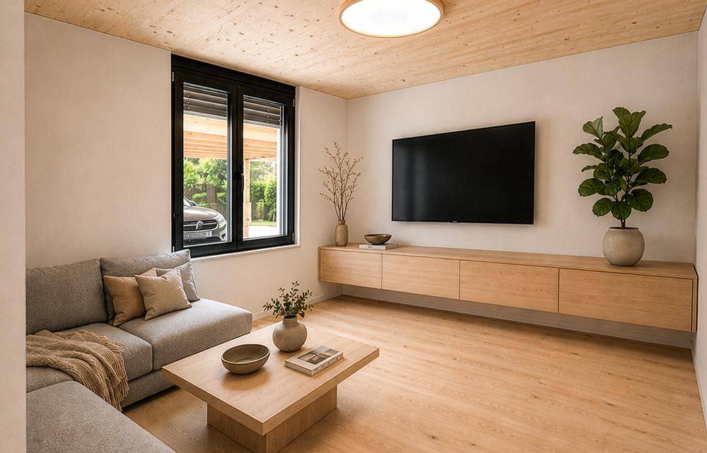 Gemütliches Wohnzimmer mit modernem Sofa, Holzboden und Blick ins Grüne.