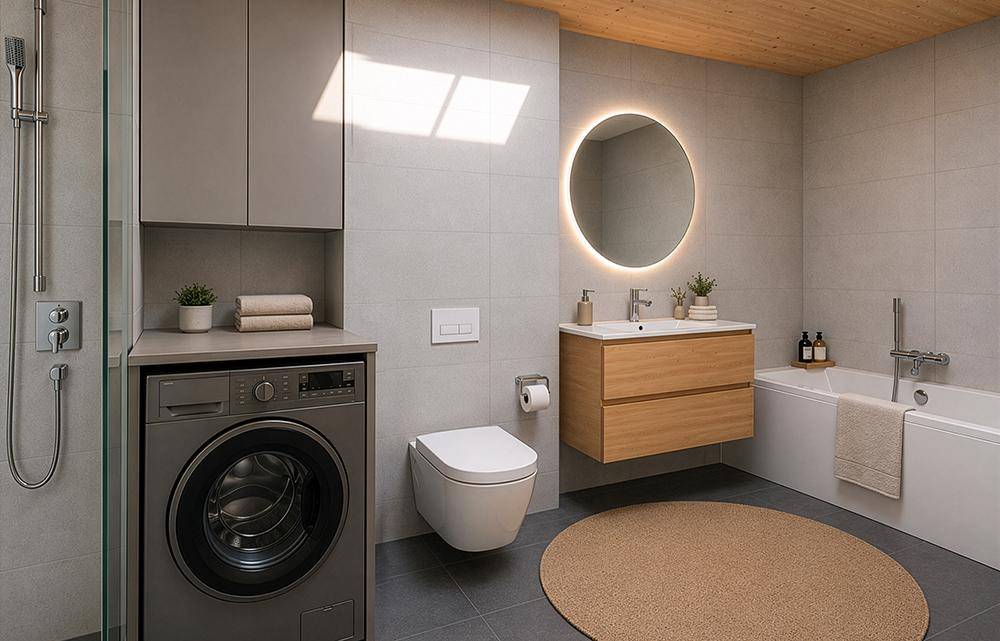 Modernes Badezimmer mit grauen Fliesen, Badewanne, Dusche und Waschmaschine.