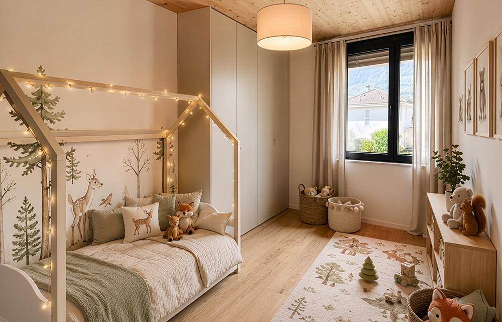 Kinderzimmer mit märchenhafter Waldtapete, Holzboden und viel natürlichem Licht.