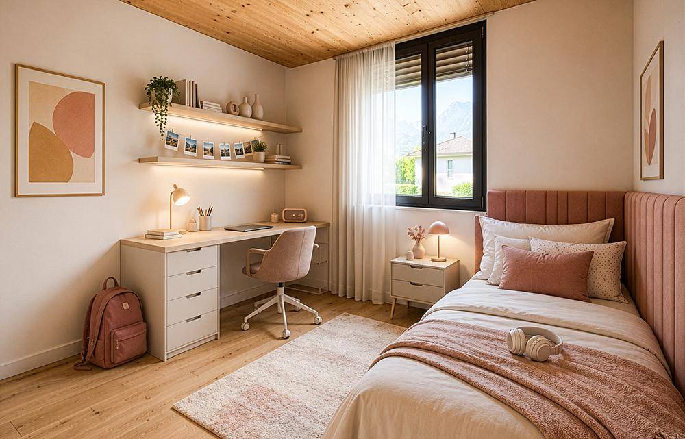 Helles Schlafzimmer mit Schreibtisch, Einzelbett und modernem Design.