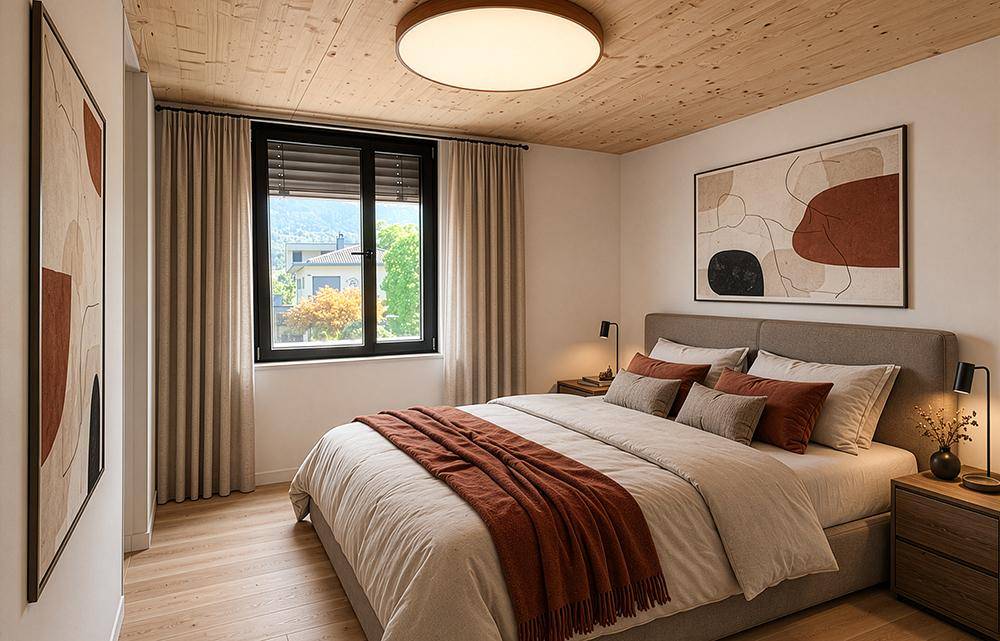 Geräumiges Schlafzimmer mit Doppelbett, Holzboden und Blick auf die Berge.