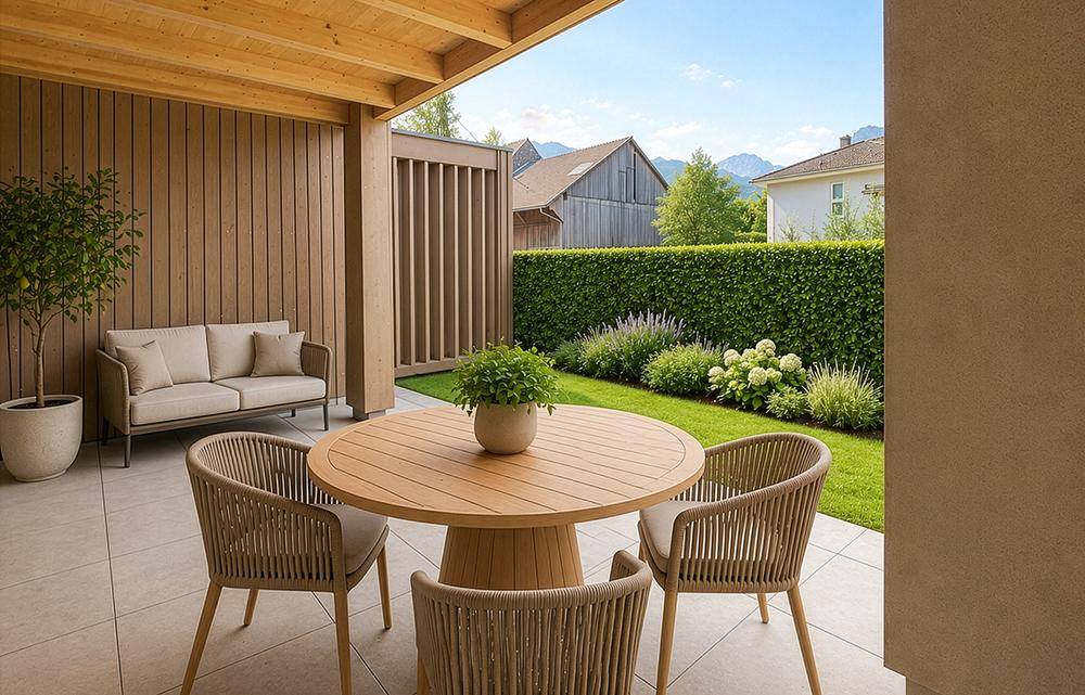 Sonnige Terrasse mit Gartenmöbeln, Rasenfläche und Bergblick im Hintergrund.