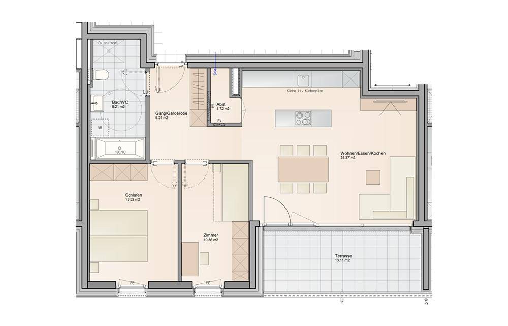 Wohnungsgrundriss mit offenem Wohn-Ess-Kochbereich, zwei Schlafzimmern, Bad und großer Terrasse.