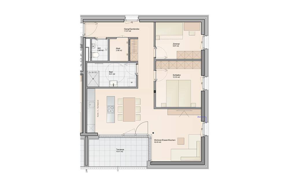 Grundriss einer Wohnung mit offenem Wohn-Ess-Kochbereich, einem Schlafzimmer, einem weiteren Zimmer und einer Terrasse.
