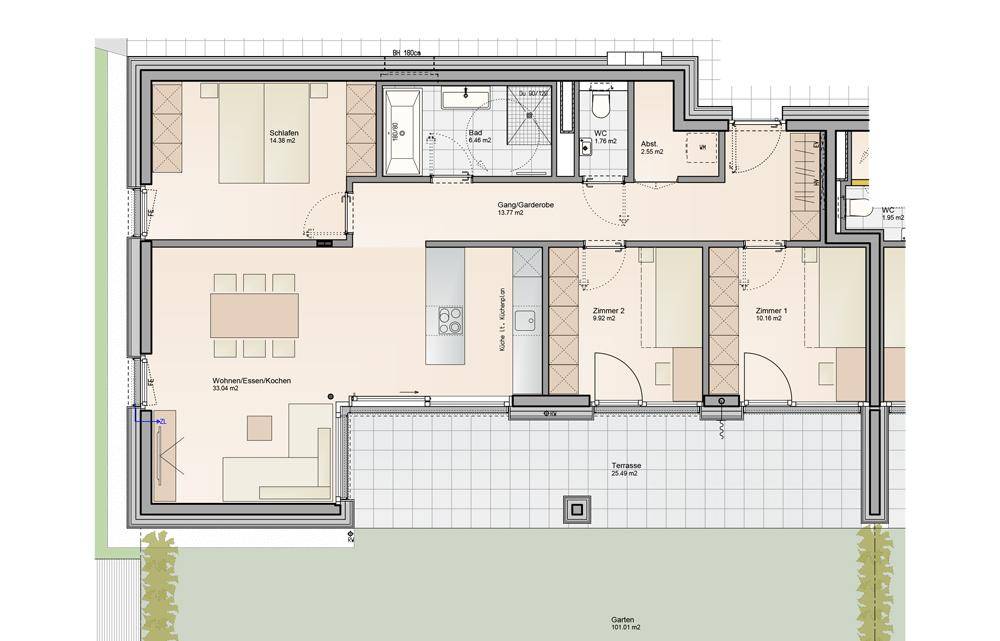 Detaillierter Grundriss mit offenem Wohn-Essbereich, drei Schlafzimmern, Bad, Gäste-WC, großer Terrasse und Garten.