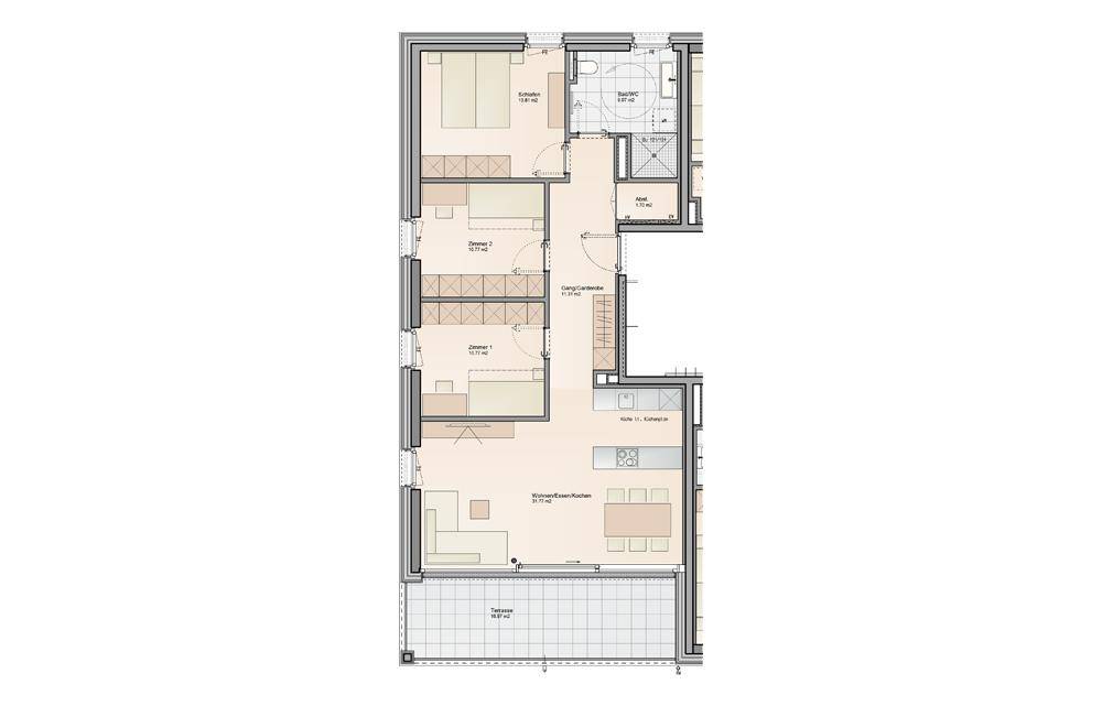 Grundriss einer Wohnung mit offenem Wohn-/Ess-/Kochbereich, drei Schlafzimmern, Bad, separatem WC und Terrasse.