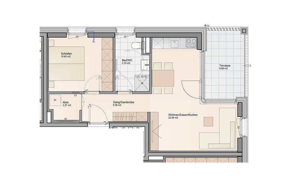 Dieser Grundriss zeigt eine Wohnung mit einem Schlafzimmer, einem offenen Wohn-Ess-Kochbereich und einer Terrasse.