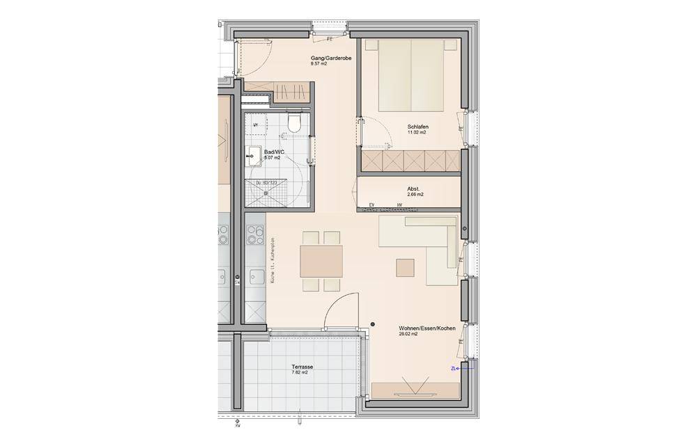 Grundriss einer Wohnung mit offenem Wohn-Ess-Kochbereich, einem Schlafzimmer, Bad und einer Terrasse.