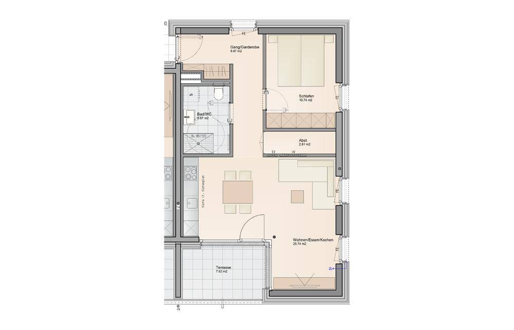 Grundriss einer Wohnung mit offenem Wohn-Ess-Kochbereich, einem Schlafzimmer, Bad, Abstellraum und einer Terrasse.
