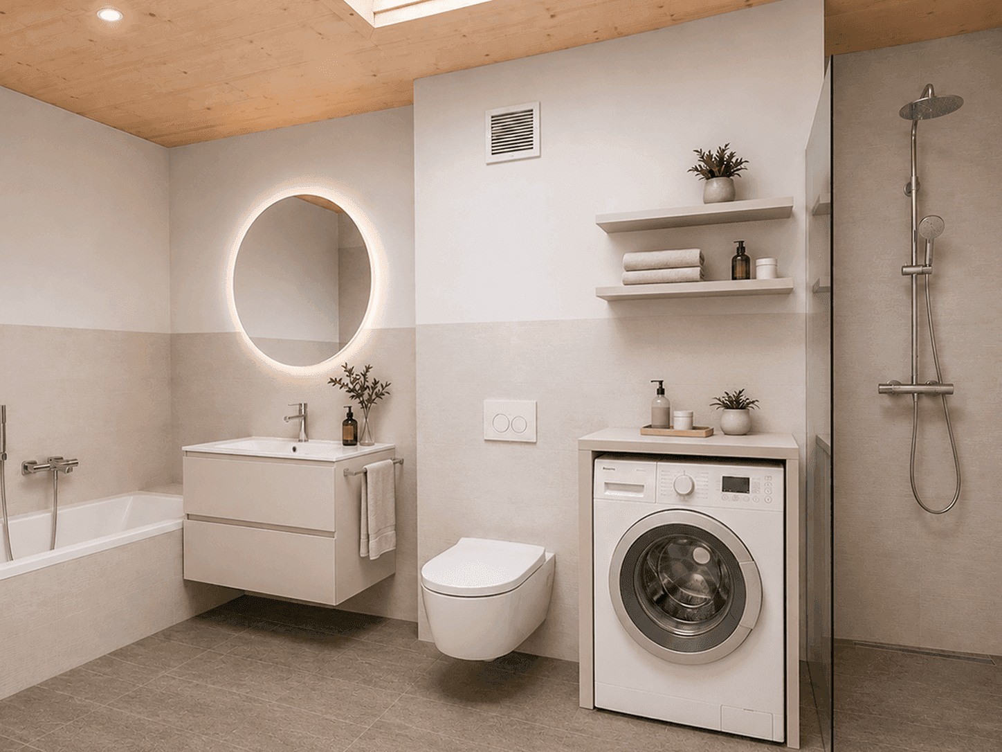 Modernes Badezimmer mit Badewanne, Dusche, Waschmaschine und Oberlicht.