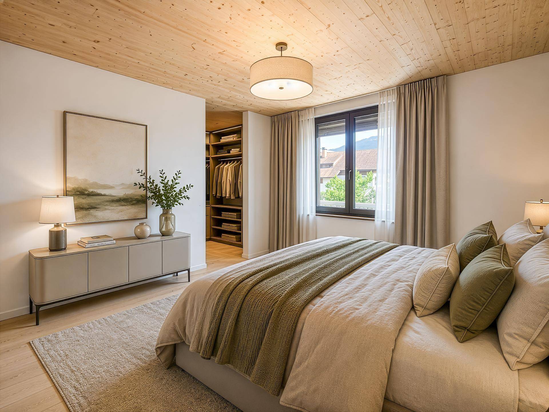 Geräumiges Schlafzimmer mit begehbarem Kleiderschrank, Holzdecke und Bergblick.