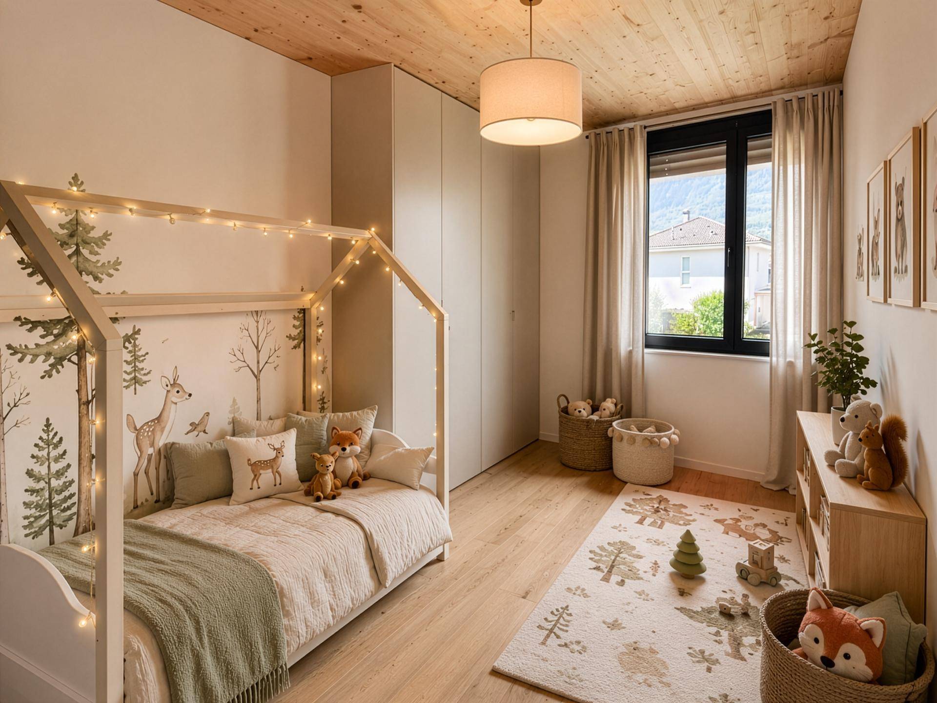 Liebevoll eingerichtetes Kinderzimmer mit Holzbett, Waldmotiv-Tapete und viel Licht.