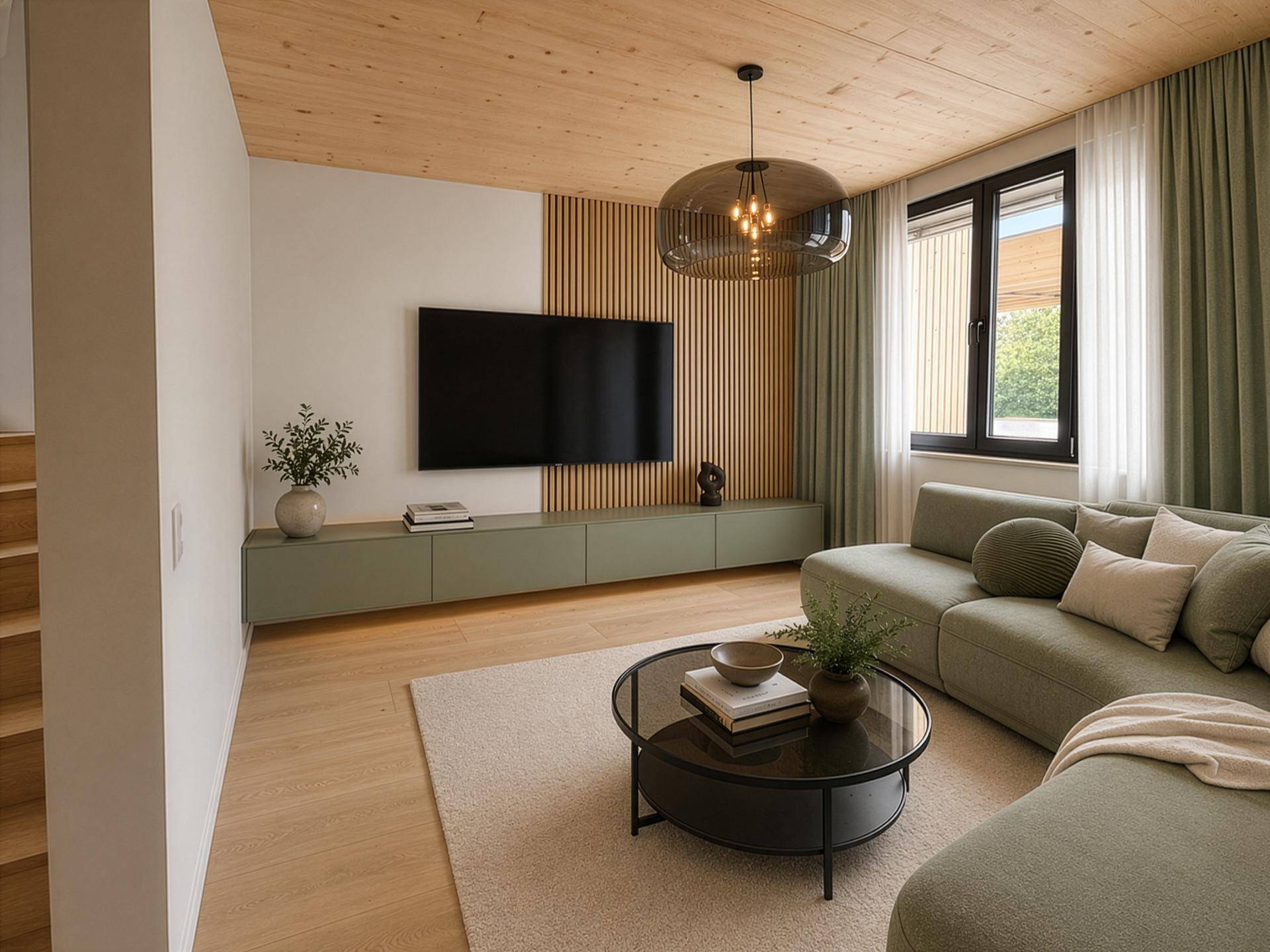 Gemütliches Wohnzimmer mit modernem Design, Holzdecke und großem Fenster.