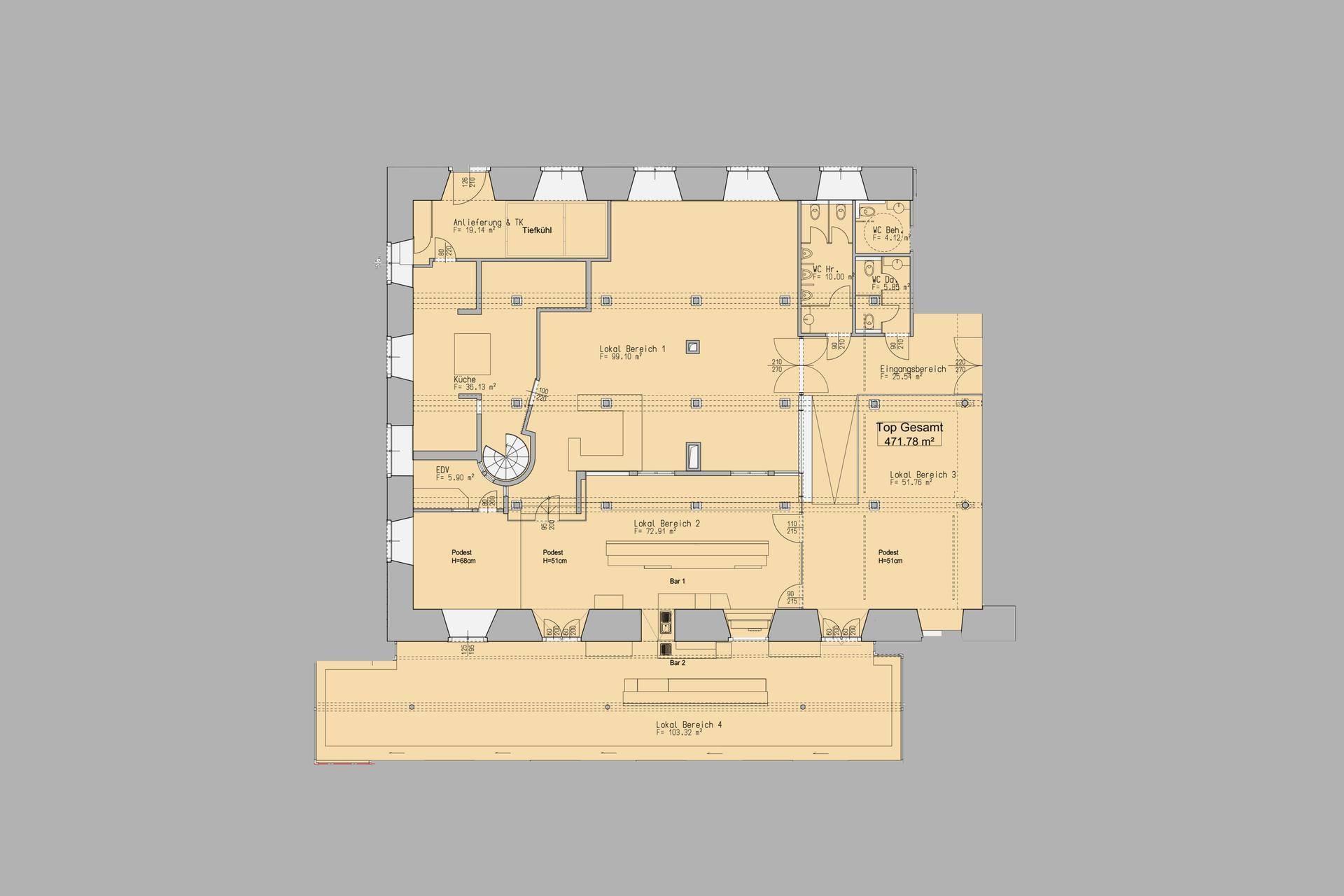 Grundriss eines großen Bereichs mit mehreren Zonen, Bädern und einer Küche, insgesamt 471,78 m² Nutzfläche.