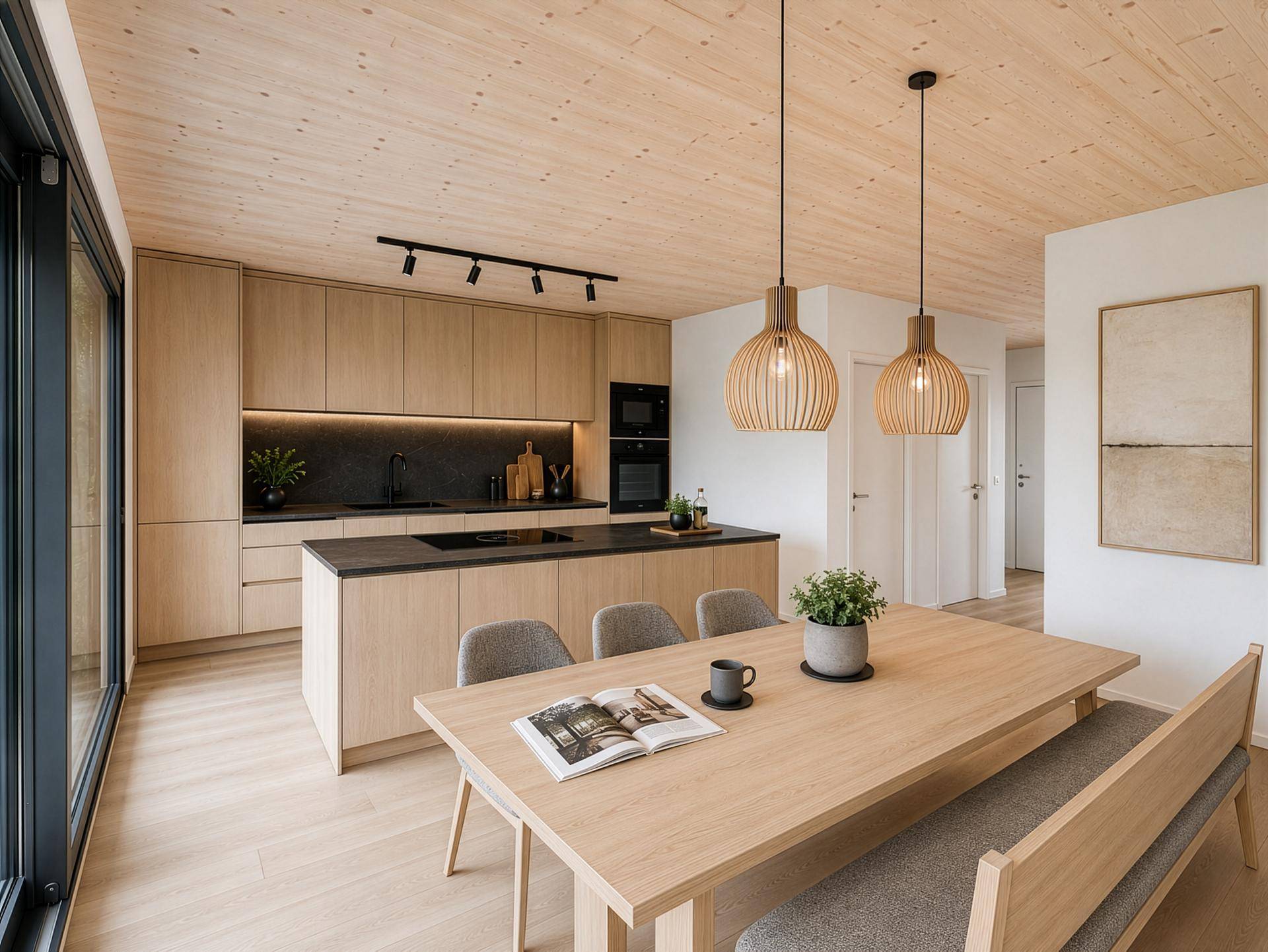 Moderne offene Küche mit Holzakzenten, Essbereich und Holzbalkendecke.