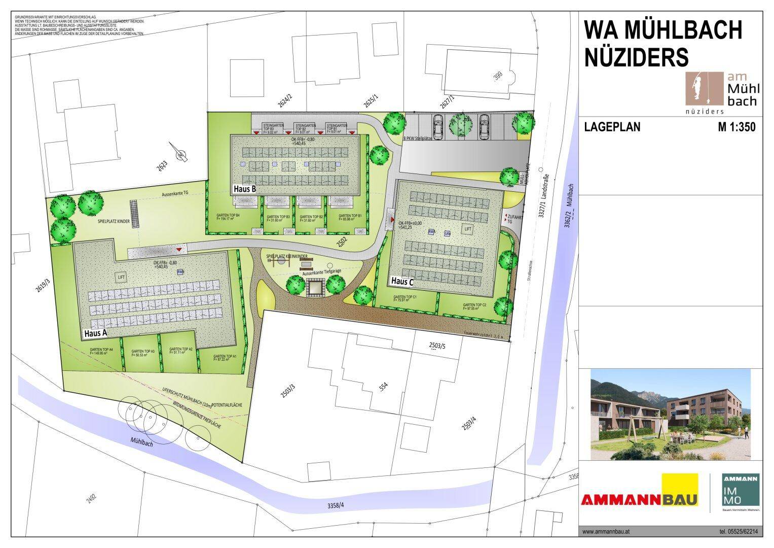 Lageplan der Wohnanlage mit Gebäuden, Parkplätzen und Grünflächen in der Umgebung.