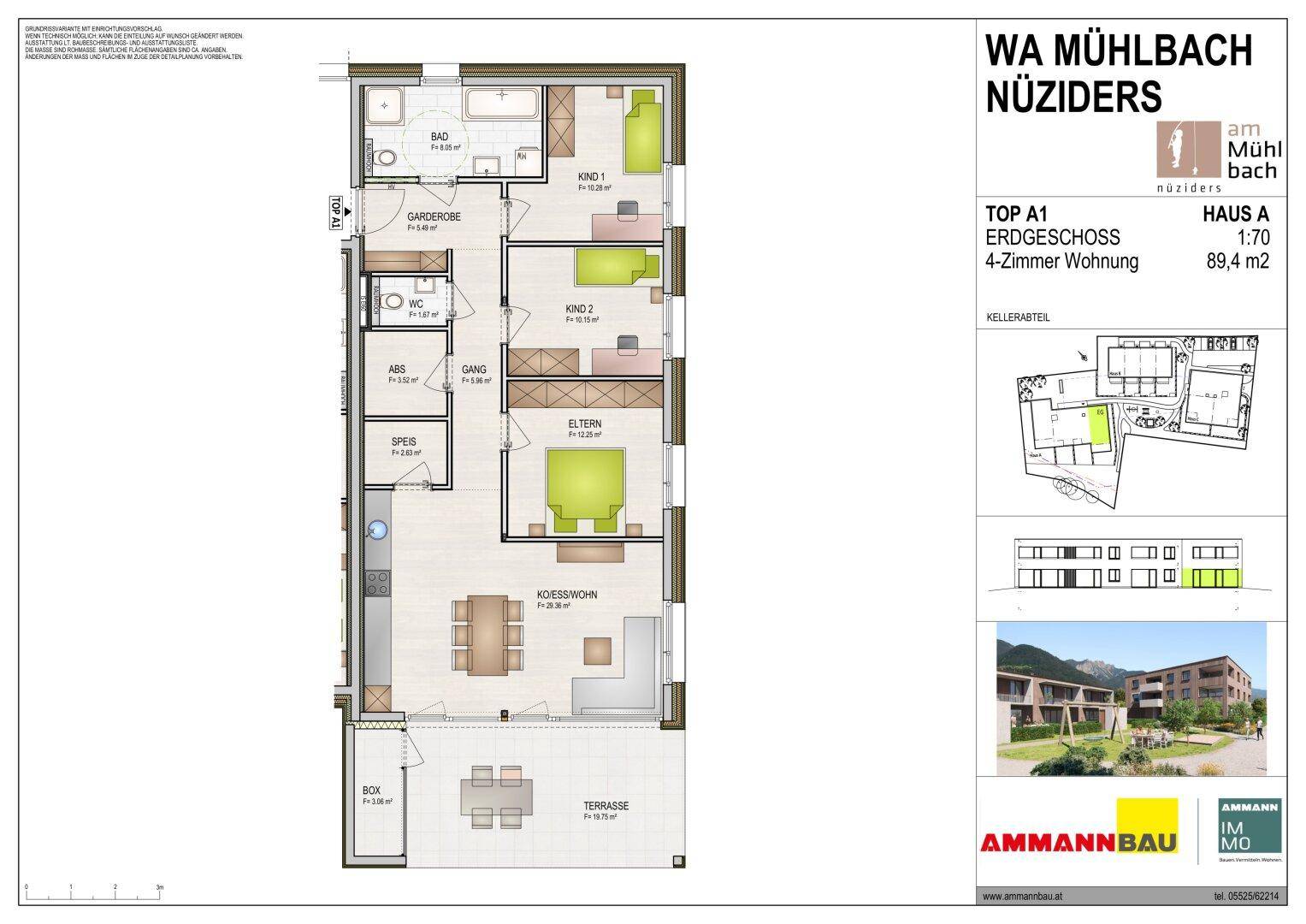 Grundriss einer 4-Zimmer-Erdgeschosswohnung mit Terrasse und Gartenanteil.