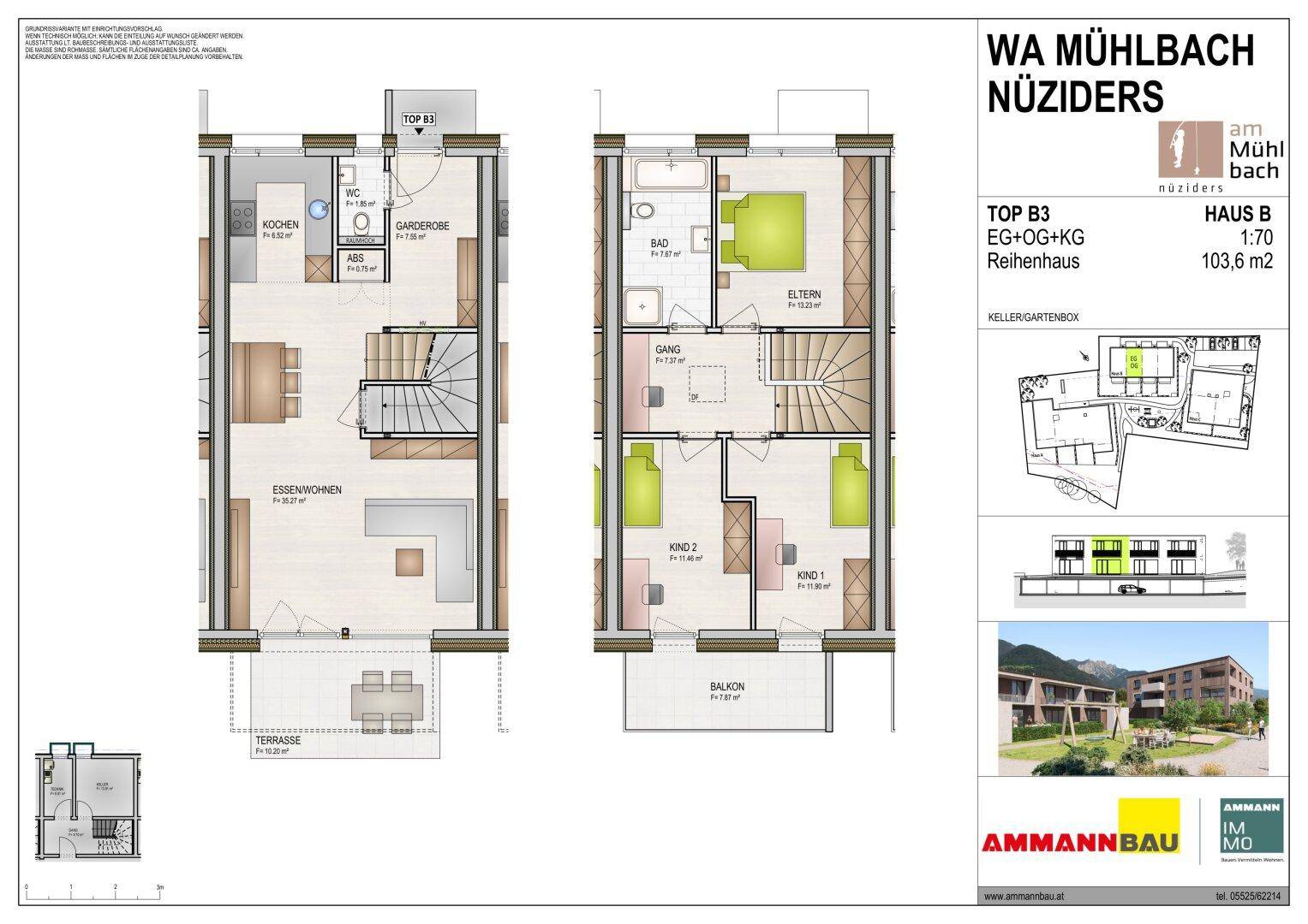 Grundriss eines Reihenhauses über zwei Etagen mit Terrasse und Balkon.