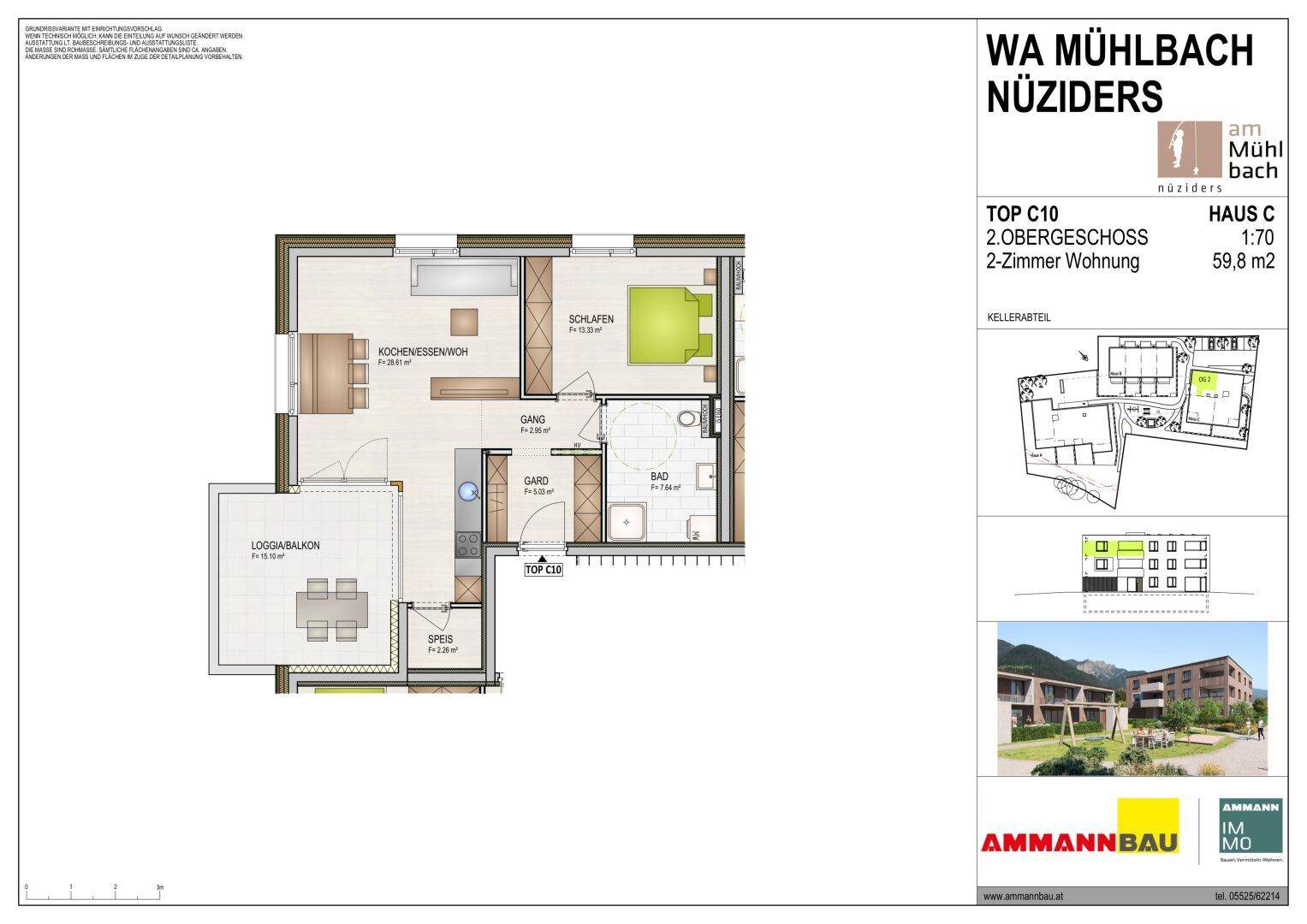 Grundriss einer 2-Zimmer-Wohnung im zweiten Obergeschoss mit Loggia und offener Wohnküche.