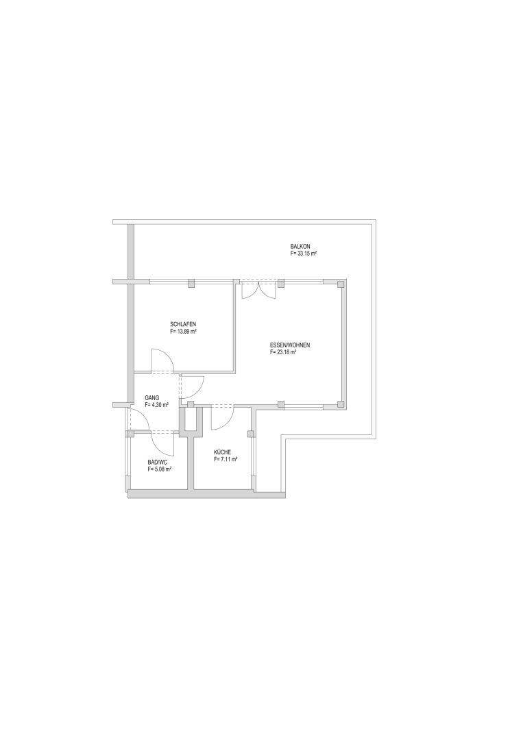 Grundriss einer Wohnung mit Schlafzimmer, offenem Wohn-Essbereich, separater Küche und Balkon.