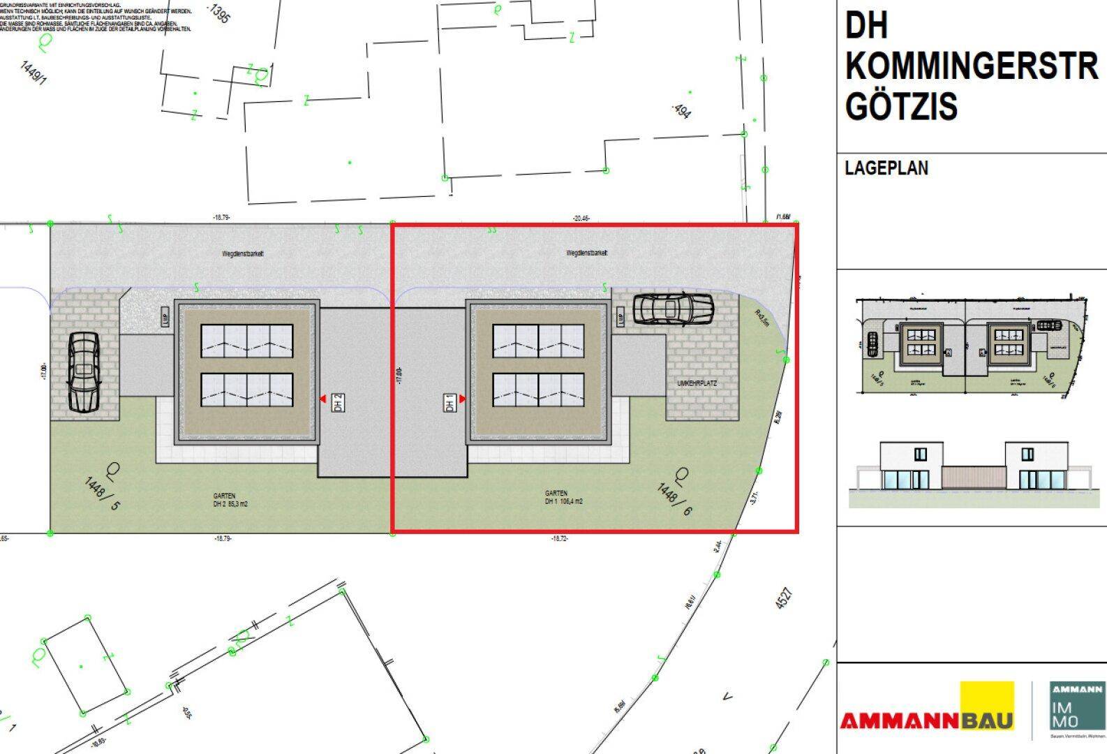 Lageplan zeigt zwei moderne Doppelhaushälften mit zugehörigen Gärten und Parkplätzen auf dem Grundstück.