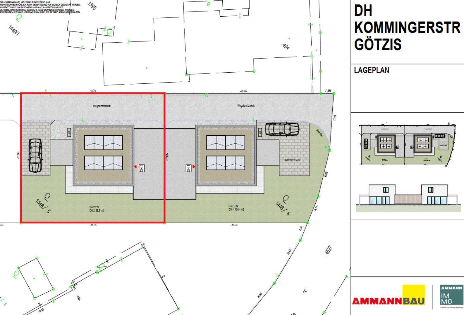 Lageplan der Doppelhäuser mit Gartenbereichen und Parkplätzen, umgeben von weiteren Grundstücken.