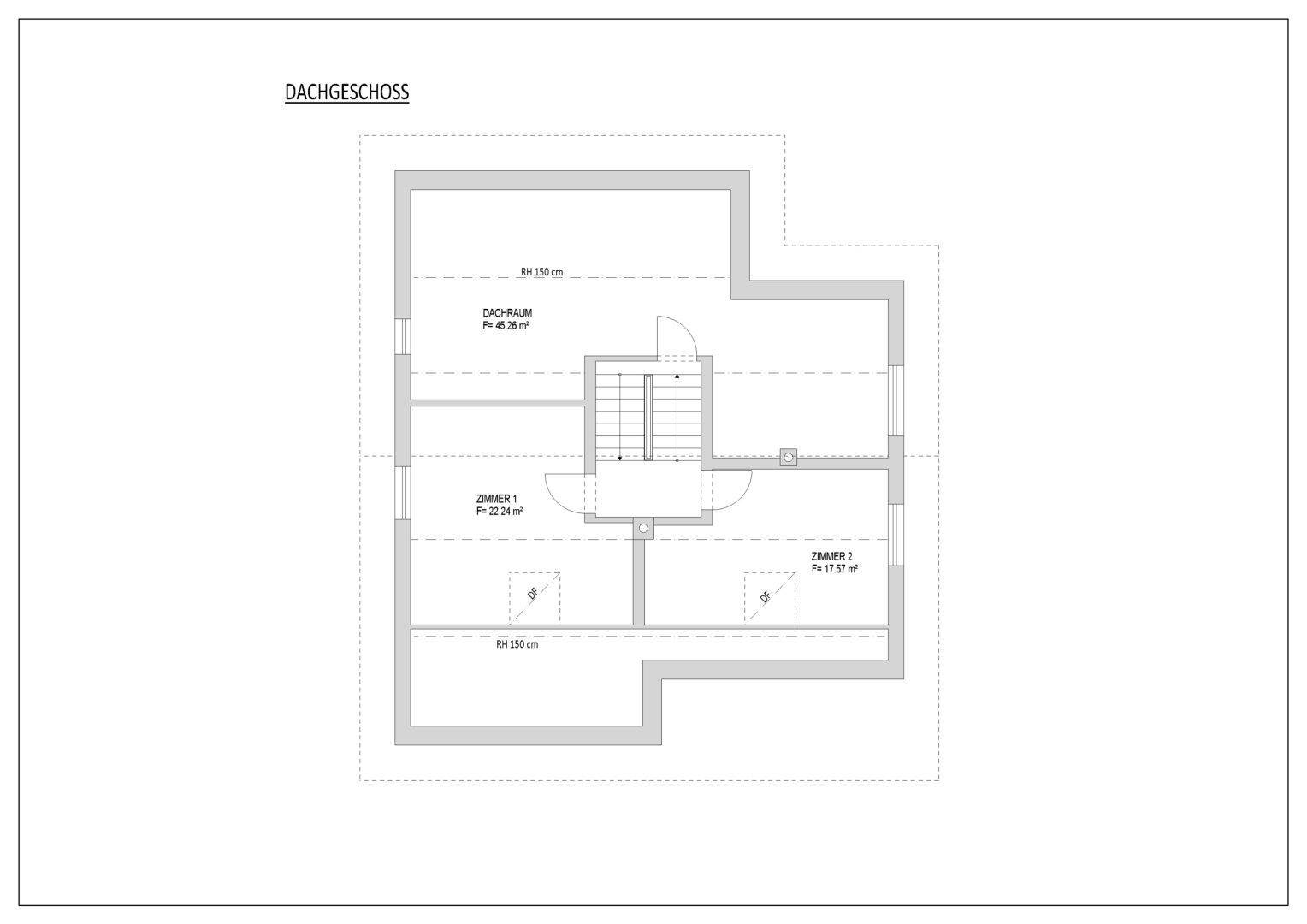 Grundriss des Dachgeschosses mit zwei Zimmern und Dachraum.