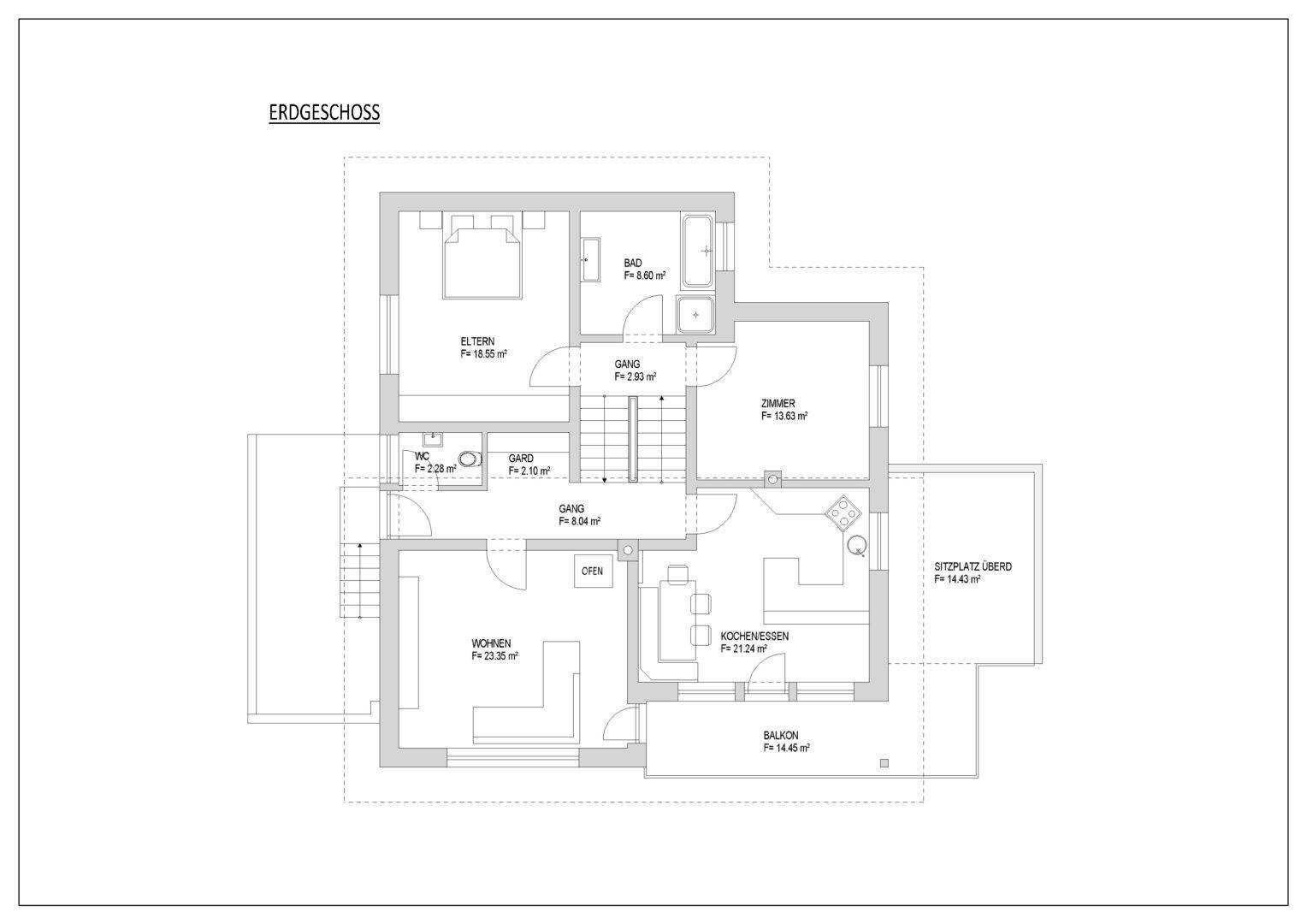 Grundriss des Erdgeschosses mit Wohnbereich, Küche, Bad und Balkon.
