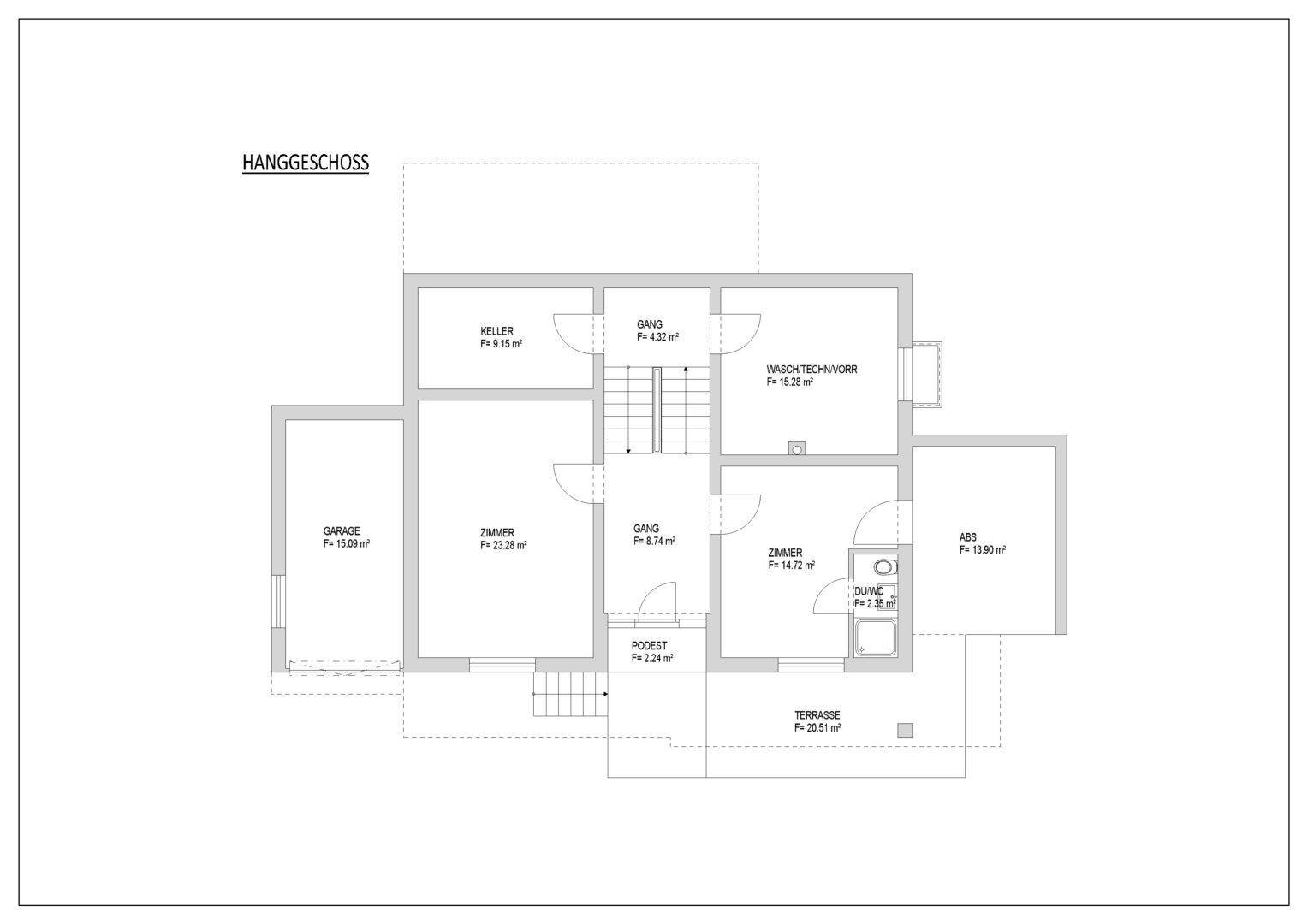 Grundriss des Hanggeschosses mit Garage, Keller, Zimmern und Terrasse.