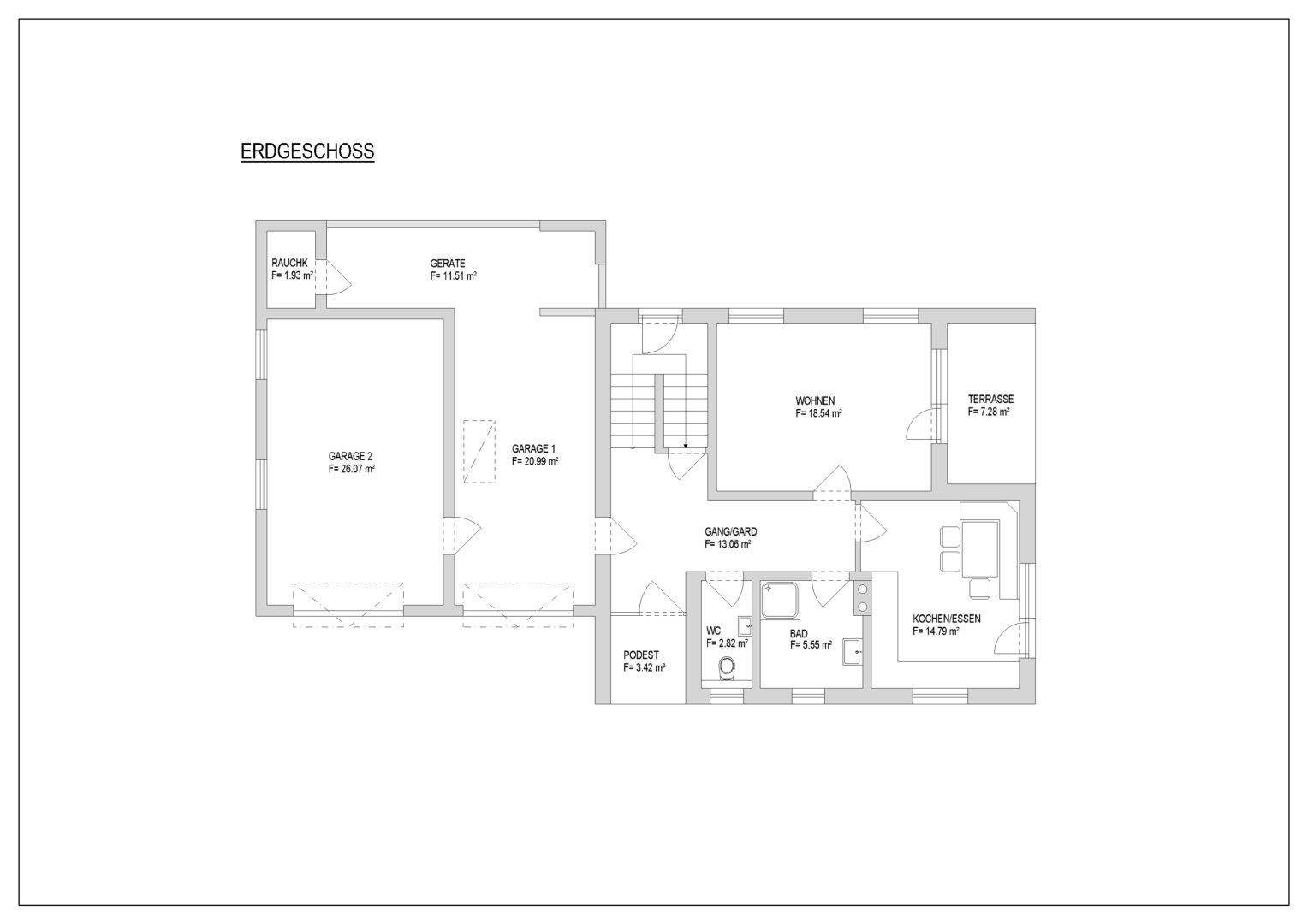 Grundriss des Erdgeschosses mit Wohnbereich, Küche, WC, zwei Garagen und einer Terrasse.