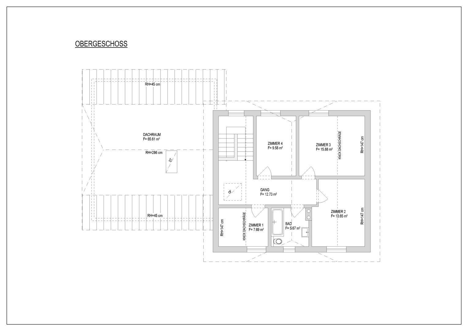 Grundriss des Obergeschosses mit vier Zimmern, einem Badezimmer und Zugang zum Dachraum.